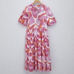 Sheridan French Kimbell Pink Ikat Midi Dress Size L Tiered Resort Boho Coastal